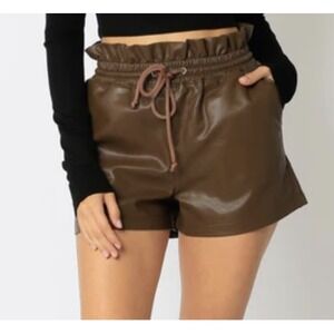 New OLIVACEOUS Vegan Leather Shorts Paperbag Size Large High Waist Brown Sexy‎